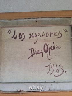 Old Painting Oil on Canvas Landscape Countryside Farmers Diaz Ojeda 1963