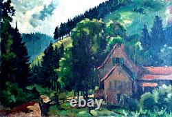 Old Painting Oil on Canvas Landscape of the Vosges Signed NEVEU 1940s
