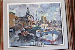 Old Painting Oil on Canvas Le Toullec Concarneau Fishing Port Brittany