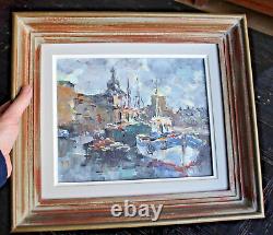 Old Painting Oil on Canvas Le Toullec Concarneau Fishing Port Brittany