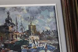 Old Painting Oil on Canvas Le Toullec Concarneau Fishing Port Brittany