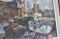 Old Painting Oil on Canvas Le Toullec Concarneau Fishing Port Brittany