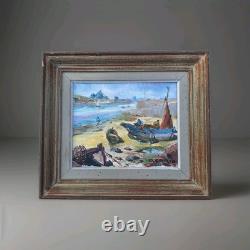 Old Painting Oil on Canvas Marine Landscape Boat, Fishermen Framed Painting