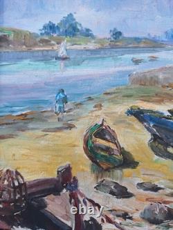 Old Painting Oil on Canvas Marine Landscape Boat, Fishermen Framed Painting