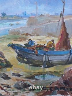 Old Painting Oil on Canvas Marine Landscape Boat, Fishermen Framed Painting