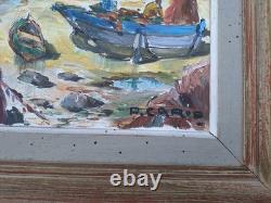 Old Painting Oil on Canvas Marine Landscape Boat, Fishermen Framed Painting