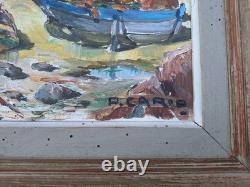 Old Painting Oil on Canvas Marine Landscape Boat, Fishermen Framed Painting