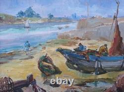 Old Painting Oil on Canvas Marine Landscape Boat, Fishermen Framed Painting