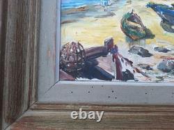 Old Painting Oil on Canvas Marine Landscape Boat, Fishermen Framed Painting