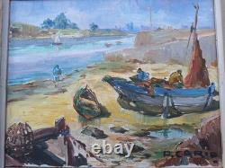 Old Painting Oil on Canvas Marine Landscape Boat, Fishermen Framed Painting