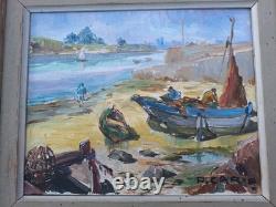 Old Painting Oil on Canvas Marine Landscape Boat, Fishermen Framed Painting