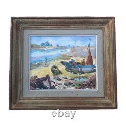 Old Painting Oil on Canvas Marine Landscape Boat, Fishermen Framed Painting