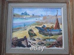 Old Painting Oil on Canvas Marine Landscape Boat, Fishermen Framed Painting