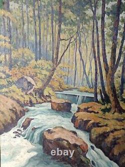 Old Painting Oil on Canvas Nature Forest and its Torrent Signed Side