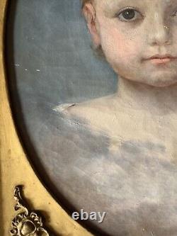 Old Painting Oil on Canvas Portrait Baby in the Clouds 1849 19th Century