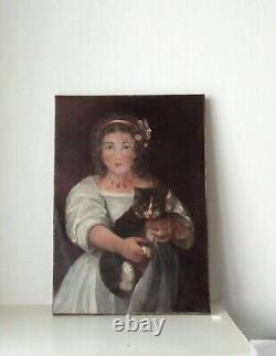 Old Painting Oil on Canvas Portrait of a Young Girl and Her Cat