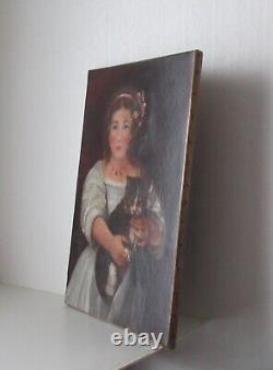 Old Painting Oil on Canvas Portrait of a Young Girl and Her Cat