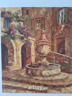 Old Painting Oil on Canvas Provence Landscape Architecture. Signed Painting