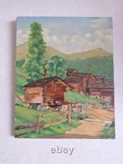 Old Painting Oil on Canvas Provence Landscape Old Mill in Verbier