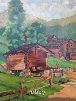 Old Painting Oil on Canvas Provence Landscape Old Mill in Verbier