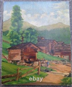 Old Painting Oil on Canvas Provence Landscape Old Mill in Verbier