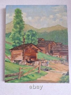 Old Painting Oil on Canvas Provence Landscape Old Mill in Verbier