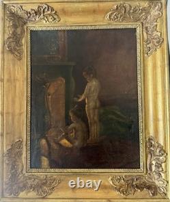 Old Painting Oil on Canvas Scene of Children by the Fireplace Golden Frame