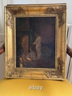 Old Painting Oil on Canvas Scene of Children by the Fireplace Golden Frame
