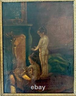Old Painting Oil on Canvas Scene of Children by the Fireplace Golden Frame