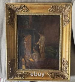 Old Painting Oil on Canvas Scene of Children by the Fireplace Golden Frame