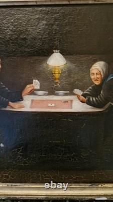Old Painting Oil on Canvas Signed Card Players