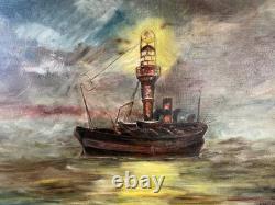 Old Painting Oil on Canvas UNKNOWN (early 20th century) fireboat Le Havre