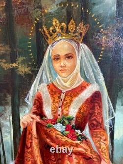 Old Painting Oil on Canvas Y. Desadeleer (Early 20th Century) Pious Saint Scene