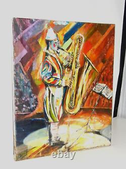 Old Painting Oil on Canvas on Rouxel Florent Clown Saxophone Good Condition