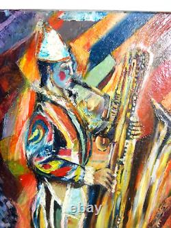 Old Painting Oil on Canvas on Rouxel Florent Clown Saxophone Good Condition