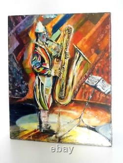 Old Painting Oil on Canvas on Rouxel Florent Clown Saxophone Good Condition