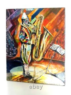 Old Painting Oil on Canvas on Rouxel Florent Clown Saxophone Good Condition