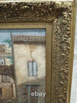 Old Painting Oil on Cardboard Village Scene