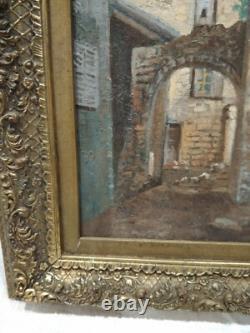 Old Painting Oil on Cardboard Village Scene