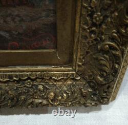 Old Painting Oil on Cardboard Village Scene