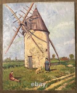 Old Painting Oil on Panel Landscape Mill France 20th Century