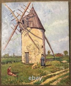Old Painting Oil on Panel Landscape Mill France 20th Century