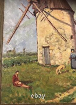 Old Painting Oil on Panel Landscape Mill France 20th Century