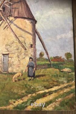 Old Painting Oil on Panel Landscape Mill France 20th Century