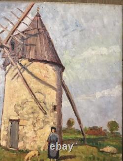 Old Painting Oil on Panel Landscape Mill France 20th Century