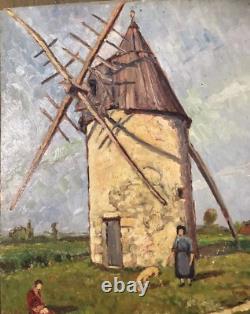 Old Painting Oil on Panel Landscape Mill France 20th Century