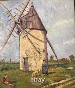 Old Painting Oil on Panel Landscape Mill France 20th Century