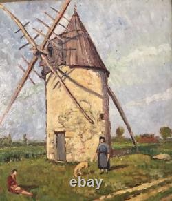Old Painting Oil on Panel Landscape Mill France 20th Century