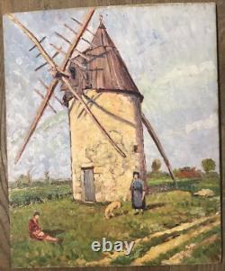 Old Painting Oil on Panel Landscape Mill France 20th Century