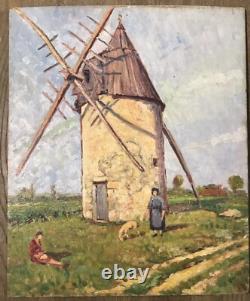 Old Painting Oil on Panel Landscape Mill France 20th Century